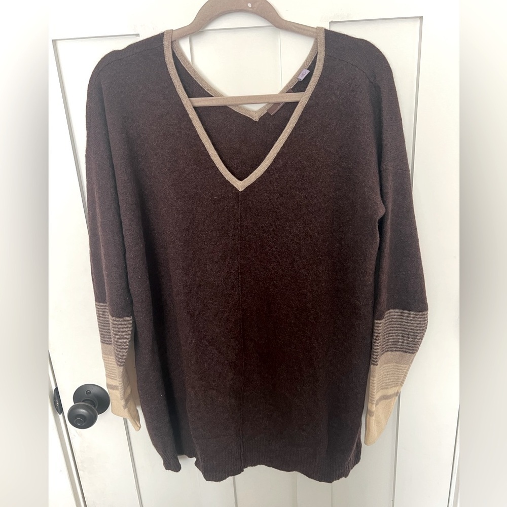 Cullen 100% Cashmere Double V-Neck Brown Sweater Cream Trim & Stripe Detail M